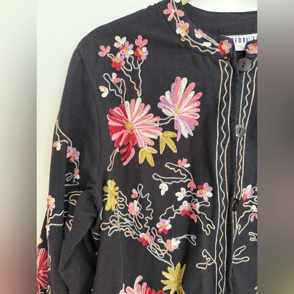 Vintage 90s Black Floral Embroidered Statement Jacket – Cottagecore Art Cardigan - Picture 2 of 7